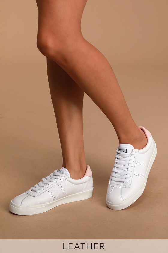 trendy white leather sneakers