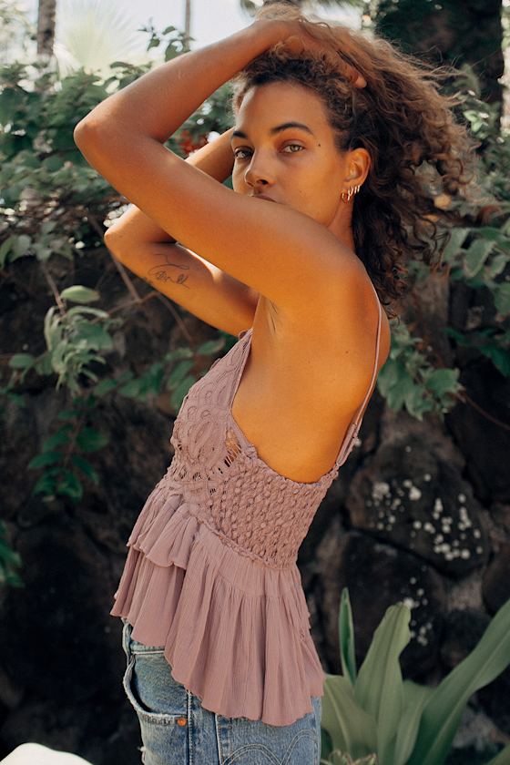 Free People Adella Cami - Mauve Lace Tank - Lace Cami Top - Lulus