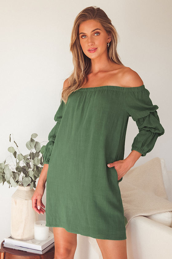 By the Pier Washed Green Off-the-Shoulder Puff Sleeve Mini Dress 7