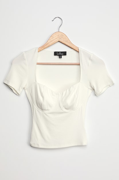 Can't Be Missed White Ribbed Bustier Short Sleeve Top