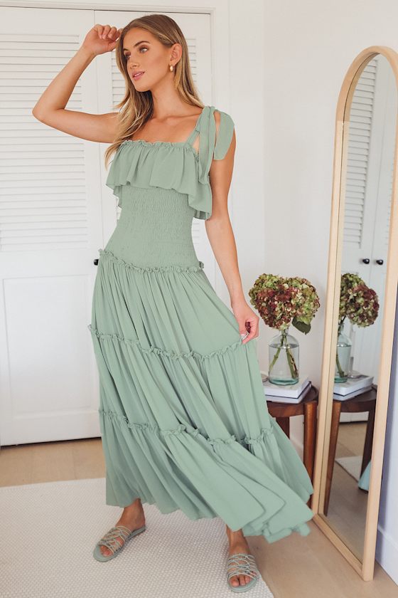 Like a Fairy Tale Sage Green Smocked Tie-Strap Tiered Maxi Dress 2