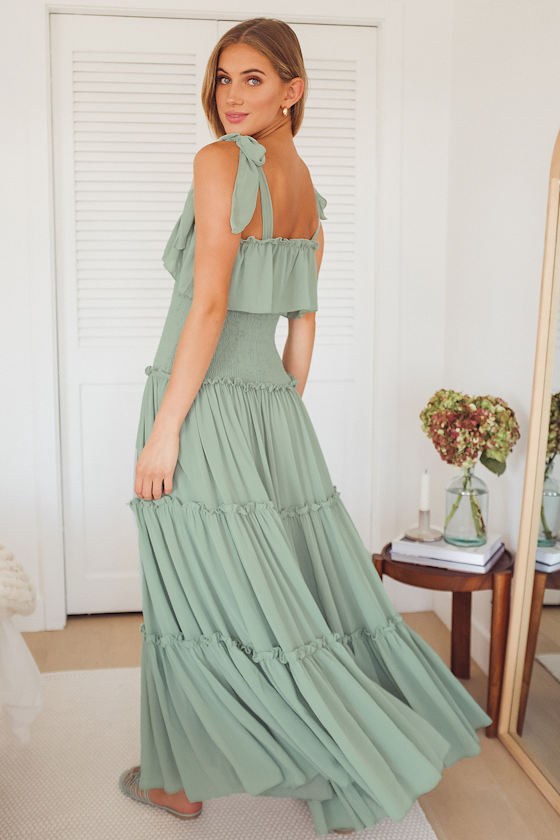 Sage Green Maxi Dress - Tiered Maxi Dress - Cute Tie-Strap Dress - Lulus