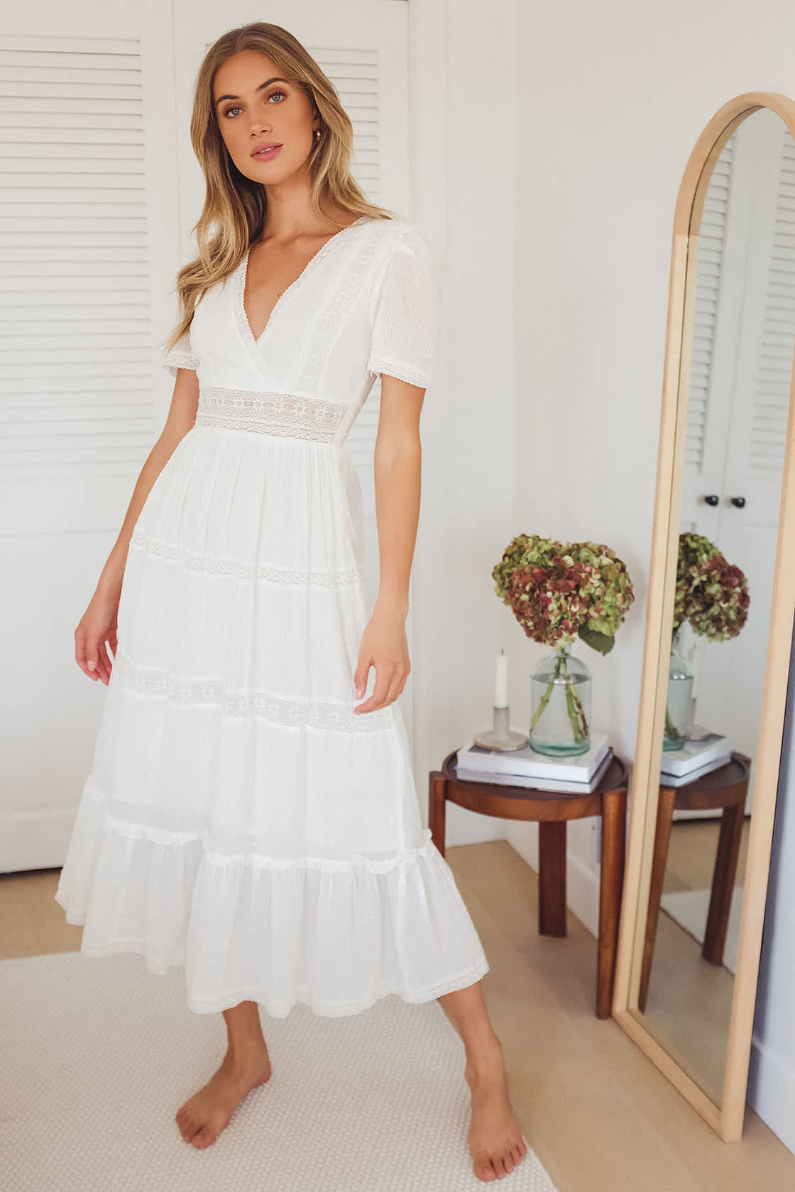 Folklore White Swiss Dot Lace Tiered Midi Dress