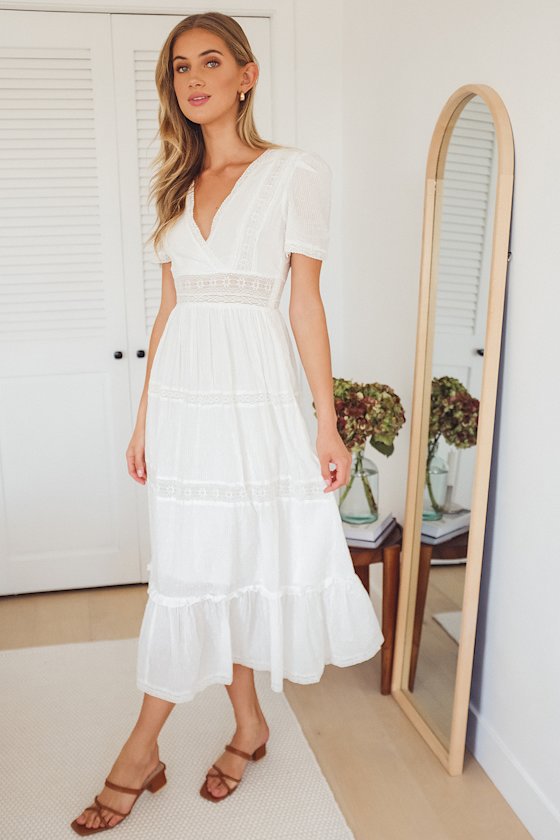White Midi Dress - Surplice Midi Dress - Cottagecore Dress