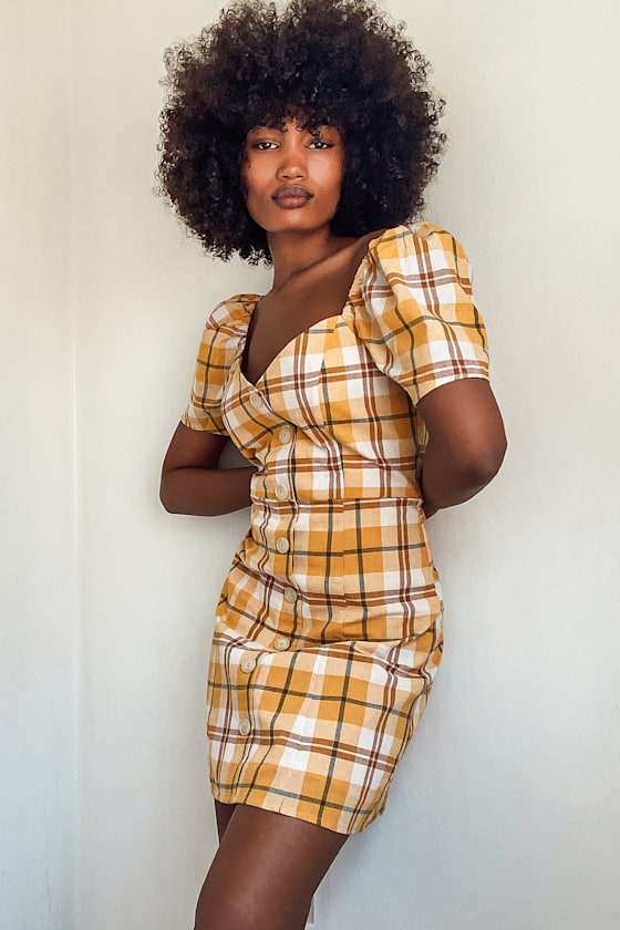 Don't You Stop Mustard Yellow Plaid Button Front Mini Dress 4