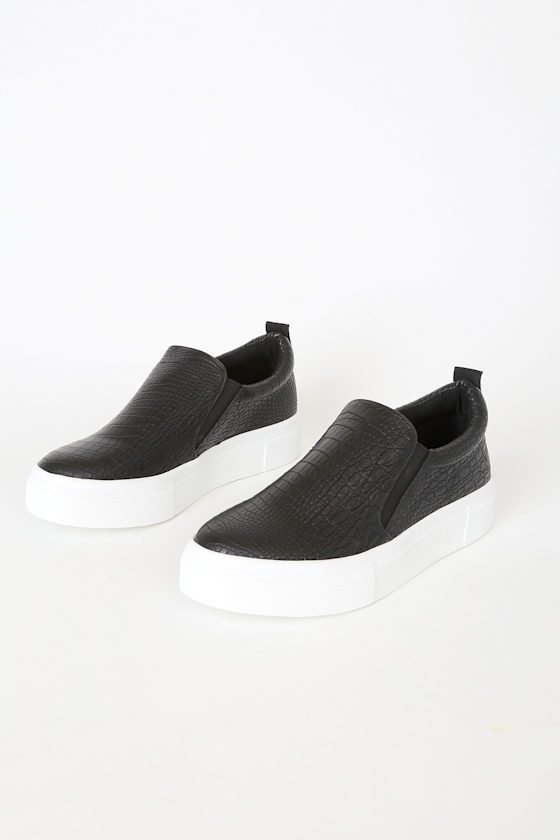 Cassay Black Crocodile-Embossed Platform Slip-On Sneakers 1