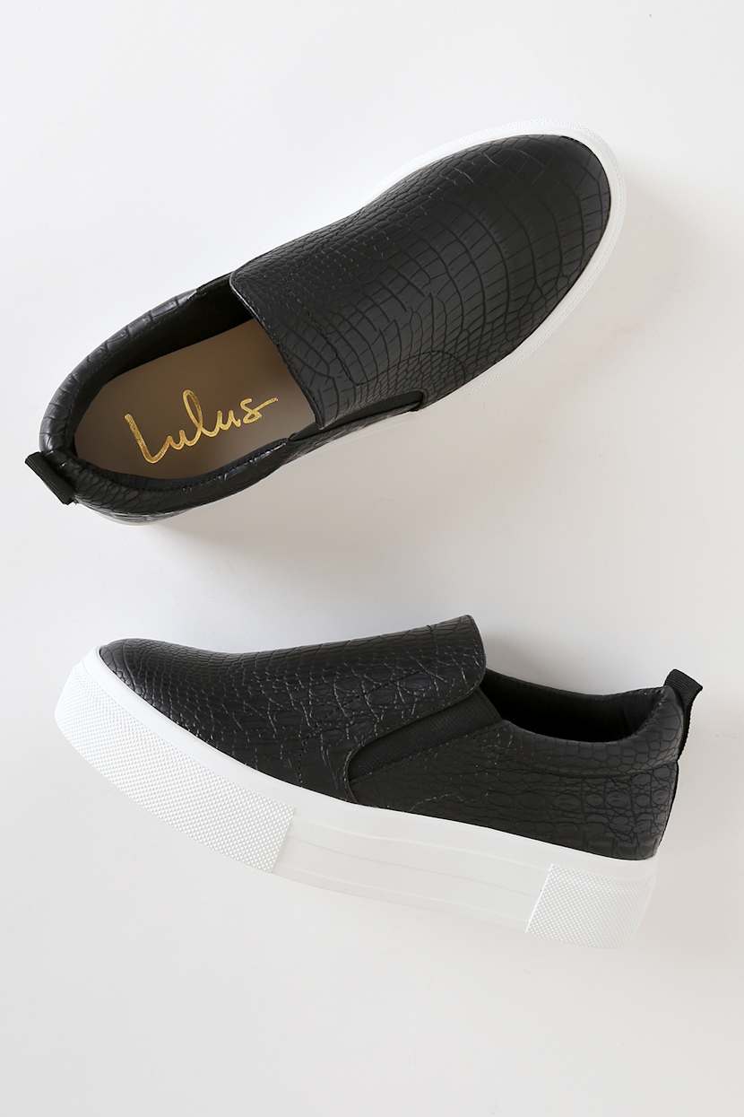 Black crocodile print slip on shoe Black Crocodile Print Leather Holroyd Slip On Penny Loafers  main image 4