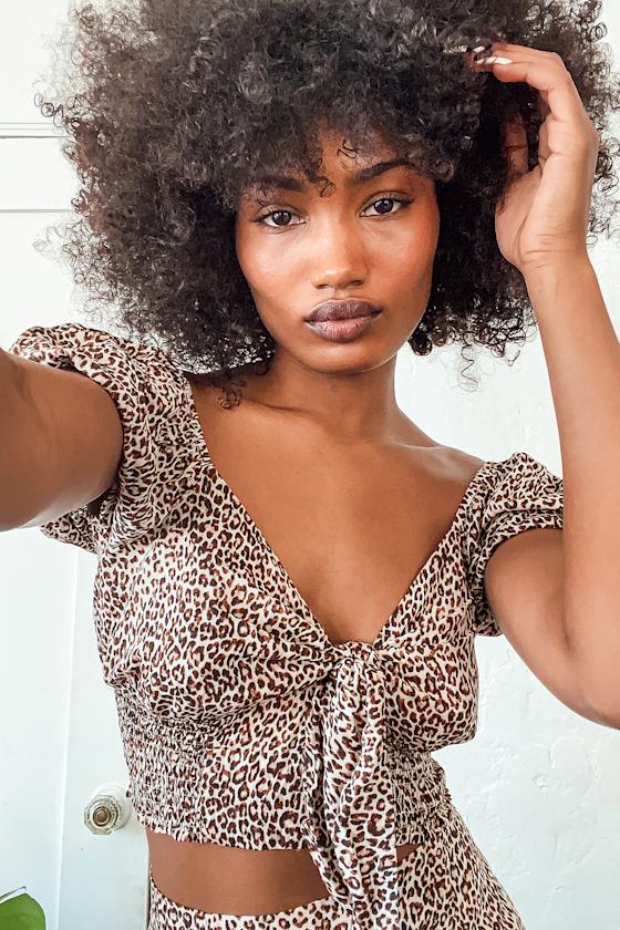 Fiercely in Love Beige Leopard Print Tie-Front Crop Top 1
