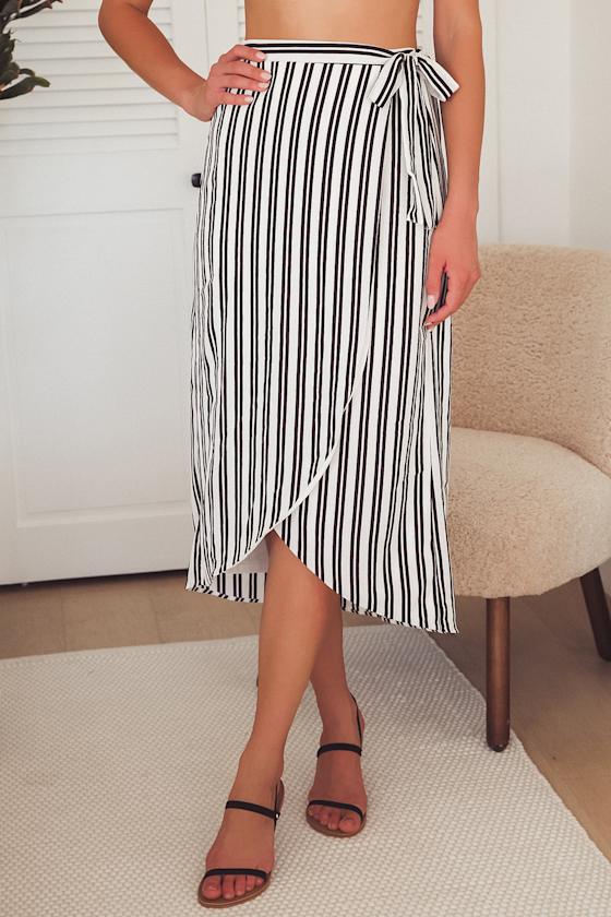Start Anew White and Black Striped Wrap Midi Skirt 4