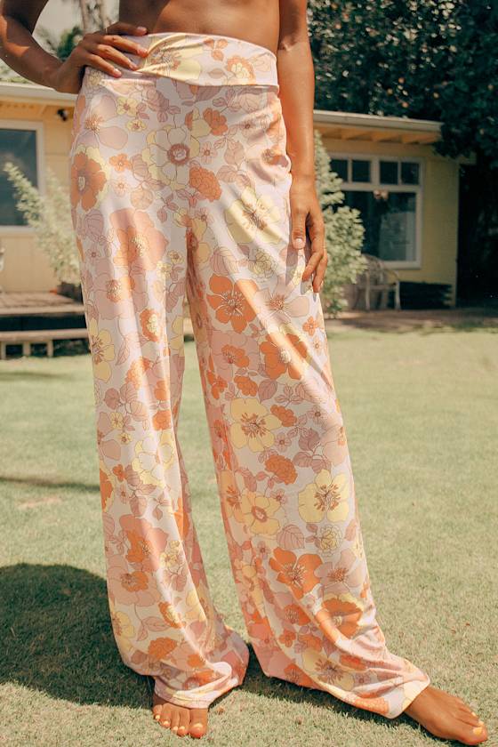 Simone Pink Multi Floral High Waisted Swim Cover-Up Pants 4