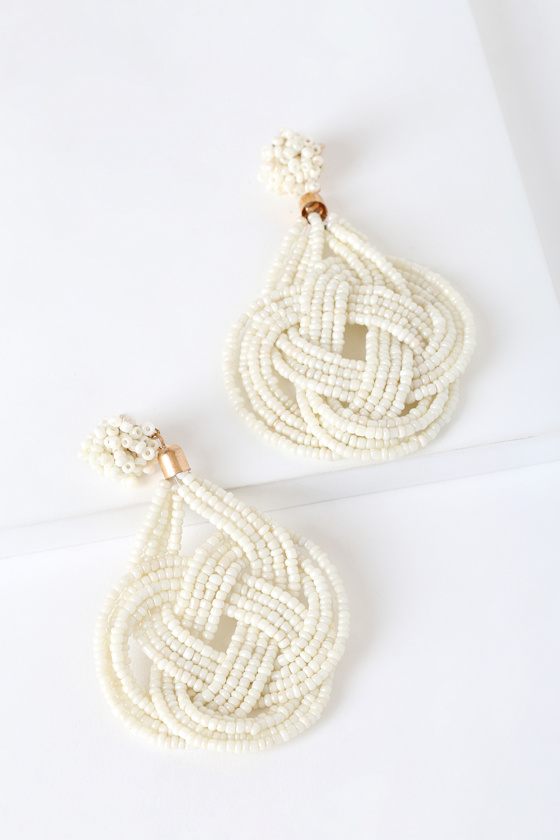 White Beaded Earrings Statement Earrings Beaded Knot Earrings Lulus
