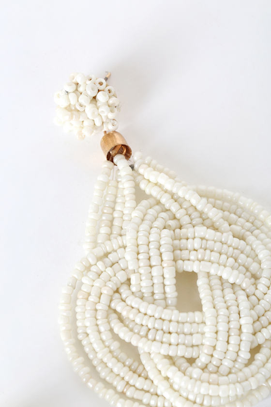 White Beaded Earrings - Statement Earrings - Beaded Knot Earrings