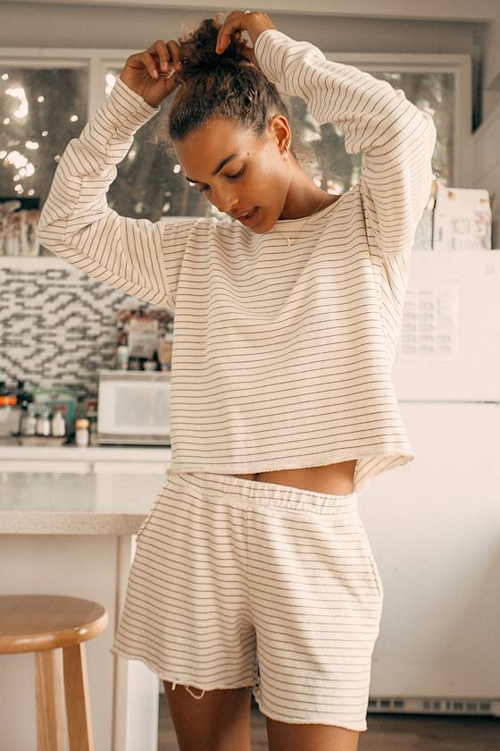 Yana Cream Striped Pullover Sweatshirt 1