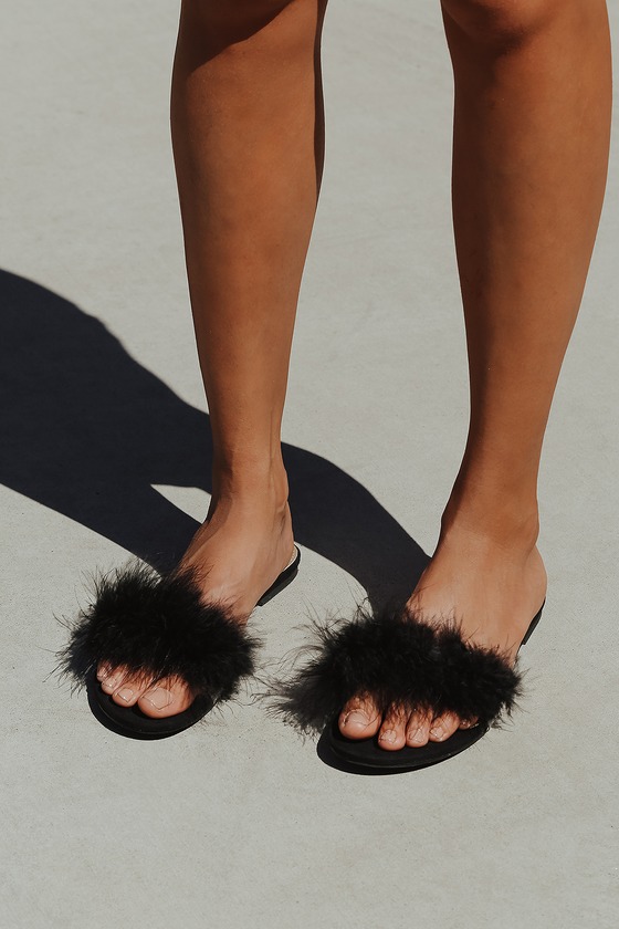 black feather slippers