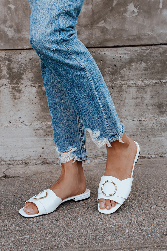 White Slide Sandals - Chic O-Ring Sandals - Faux Leather Sandals - Lulus