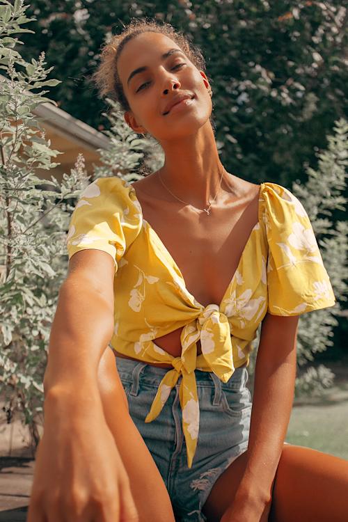 Tied for First Mustard Yellow Floral Print Tie-Front Crop Top