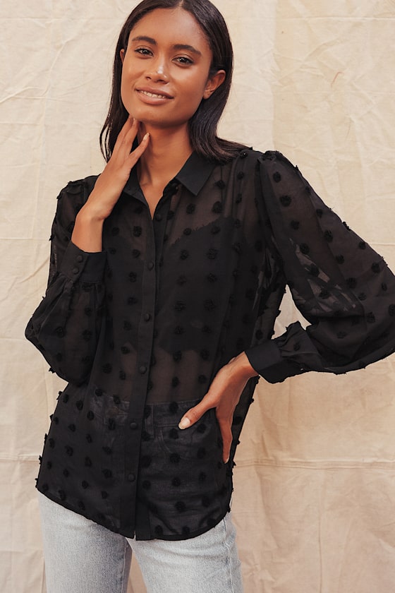 Chic Sheer Black Top ButtonUp Blouse Dotted Long Sleeve Top Lulus