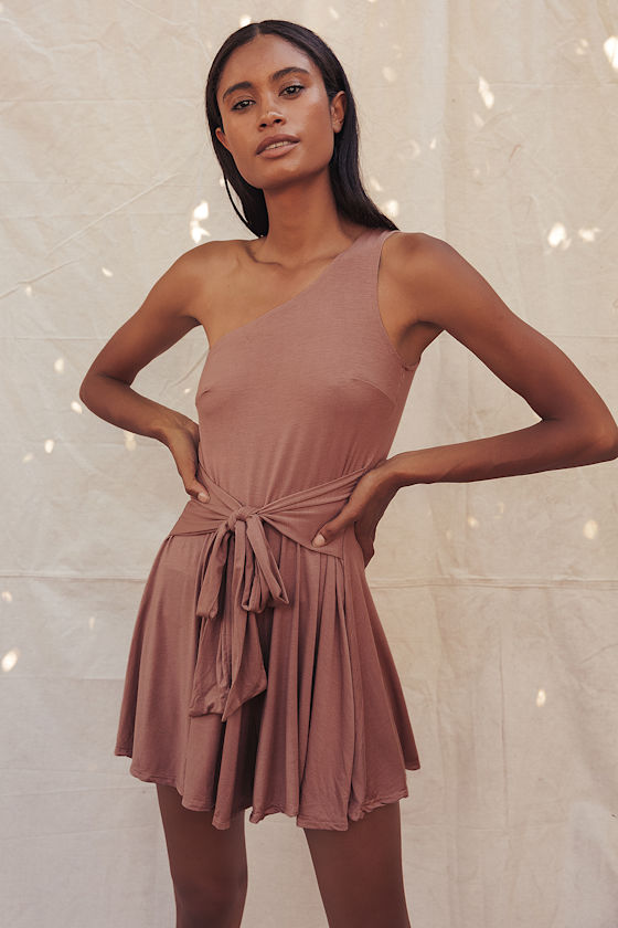 Sunny Soiree Mauve One-Shoulder Tie-Front Romper 1