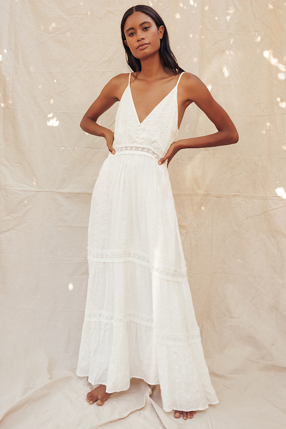 Light Breeze White Striped Crochet Lace Tiered Maxi Dress 5