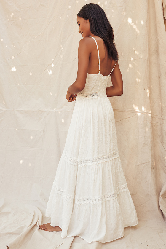 Light Breeze White Striped Crochet Lace Tiered Maxi Dress 6