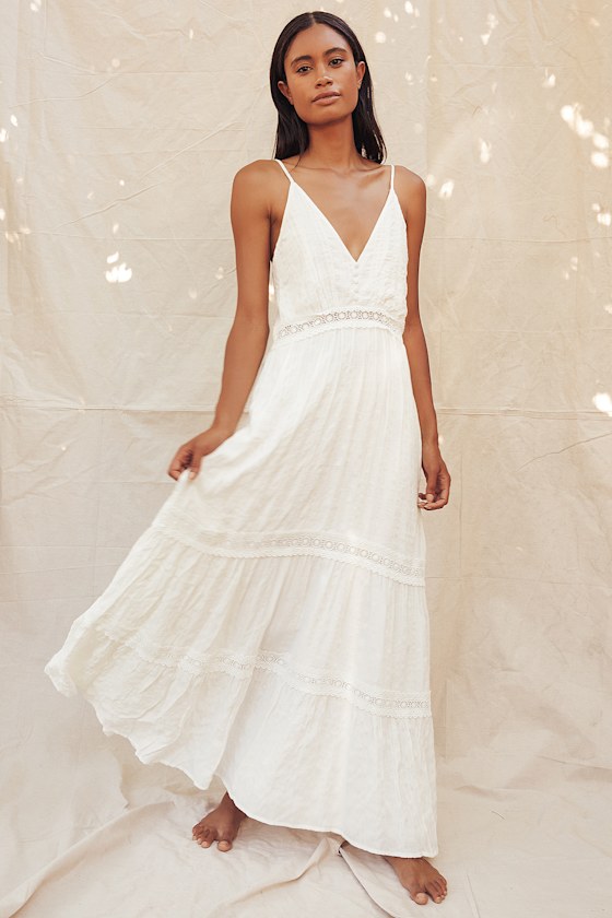 Cute White Striped Dress - Tiered Maxi Dress - Crochet Lace Dress
