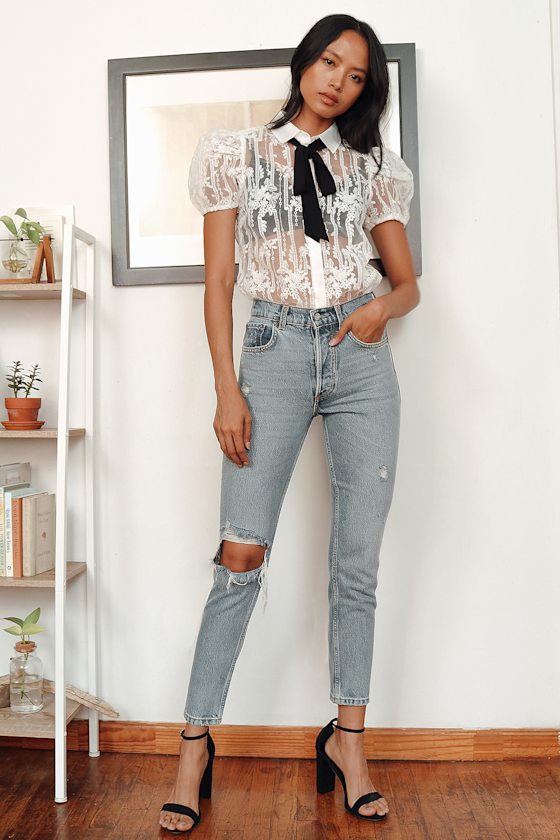 Oh Honey White Lace Puff Sleeve Tie-Neck Button-Up Top 6