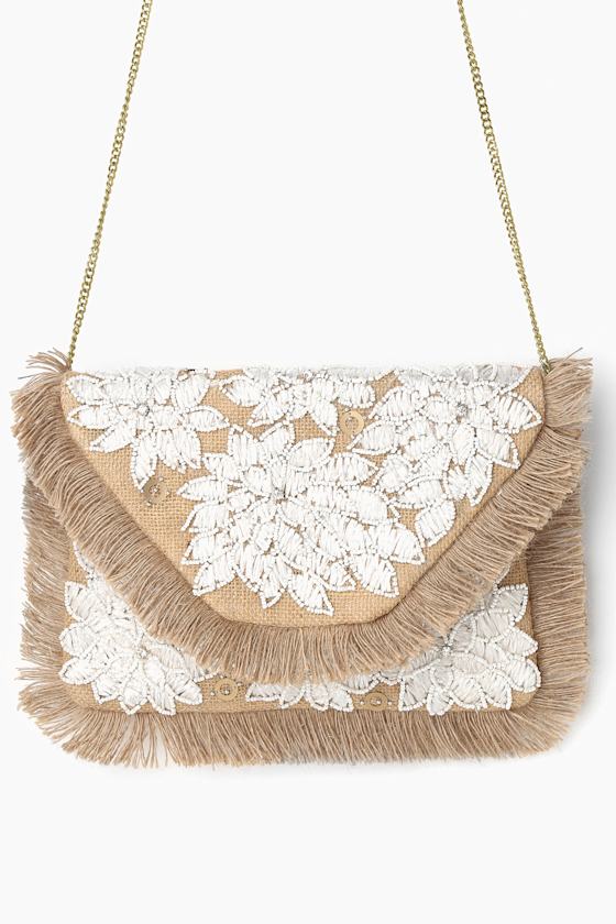 Kinsley Tan Beaded Clutch 2