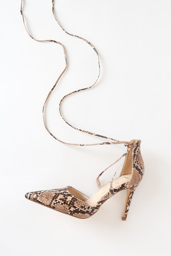 Chic Tan Snake Print Heels - Pointed Toe Heels - Lace-Up Heels - Lulus