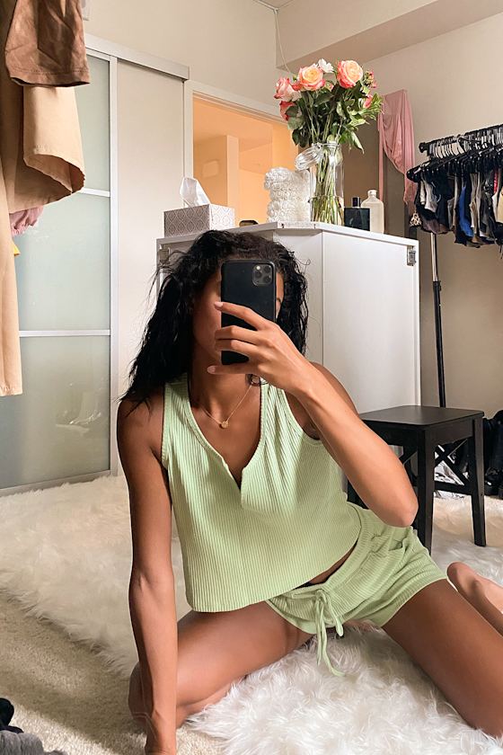 Living Leisurely Sage Green Knit Cropped Tank Top 1