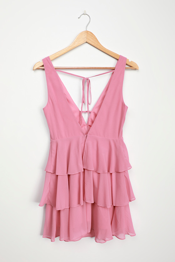 dusty pink lace tier frill plunge skater dress