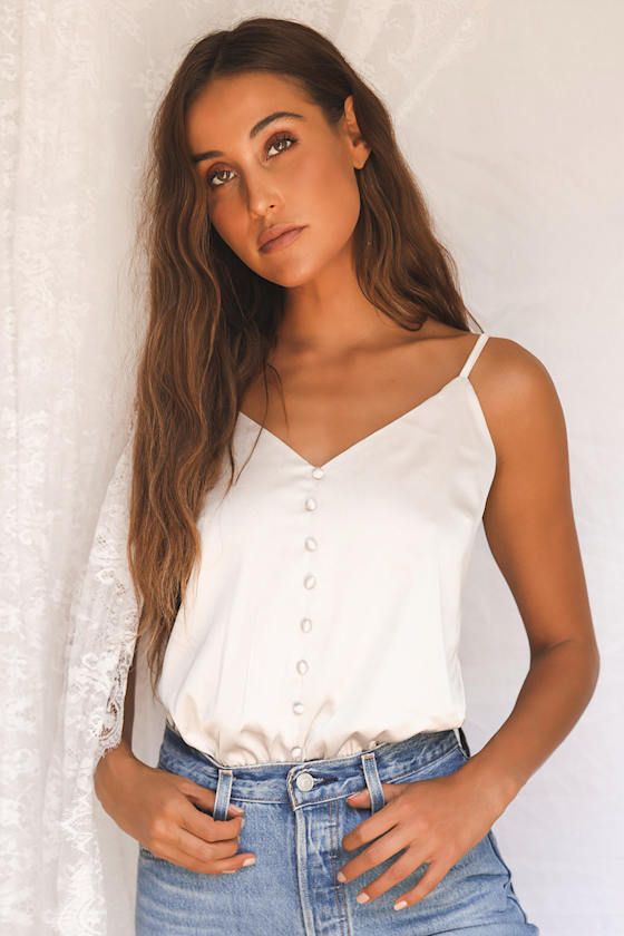 Chic Light Beige Bodysuit Satin Bodysuit Button Bodysuit Lulus