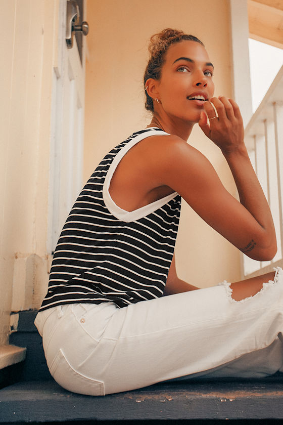 My Stripe White and Black Striped V-Neck Tank Top 7