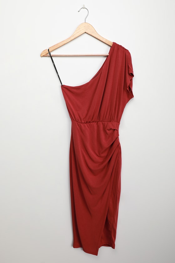 Washed Red Midi Dress - One-Shoulder Dress - Tulip Midi Dress