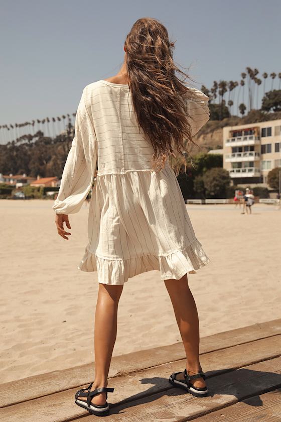 Free People April - Cream Striped Mini Dress - Long Sleeve Dress