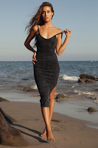 Basic Bae Washed Black Ribbed Bodycon Midi Dress 1