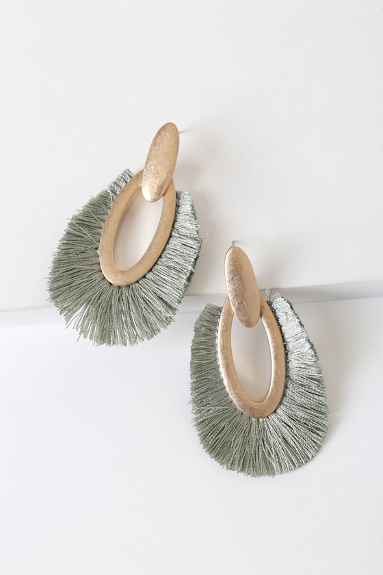 Queen of the Tassel Sage Green Fringe Earrings 2
