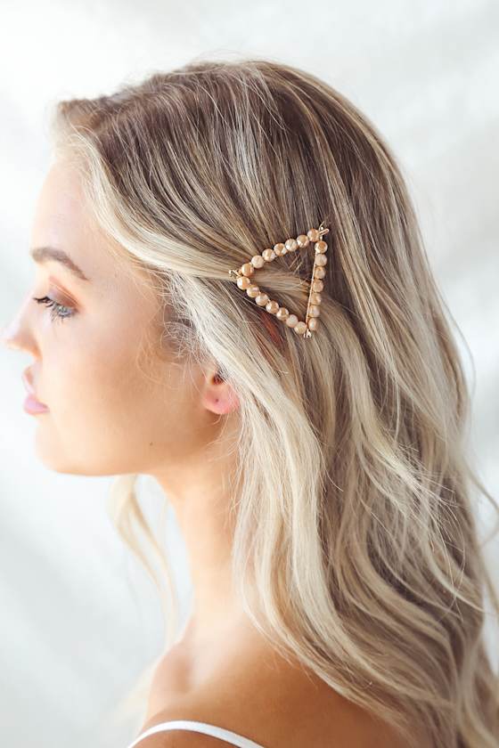 Blush Beaded Hair Clip Triangle Hair Clip Chic Gold Hair Pin Lulus