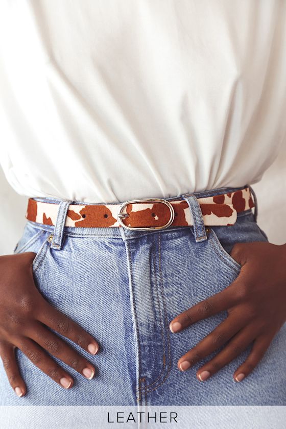Hit Repeat Brown Cow Print Leather Calf Hair Belt 1