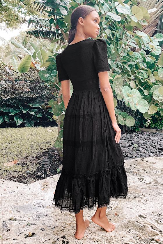 Black Midi Dress - Surplice Midi Dress - Cottagecore Dress - Lulus