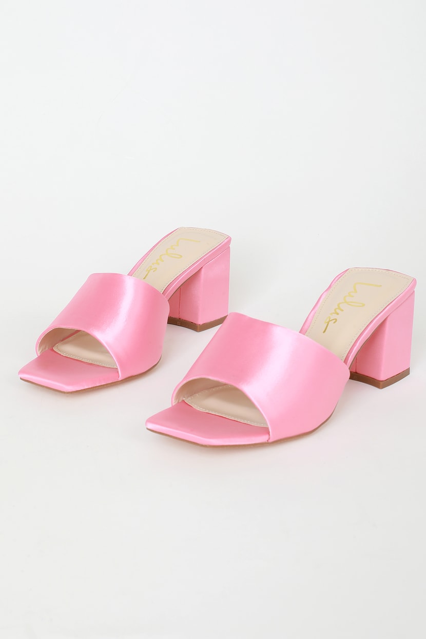 Trendy Pink High Heels - Satin Peep-Toe Mules - Square Toe Heels - Lulus
