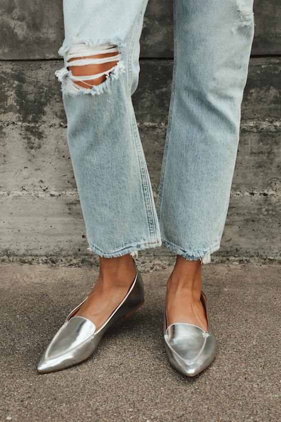 Cute Silver Loafers PointedToe Loafers Vegan Leather Loafers Lulus