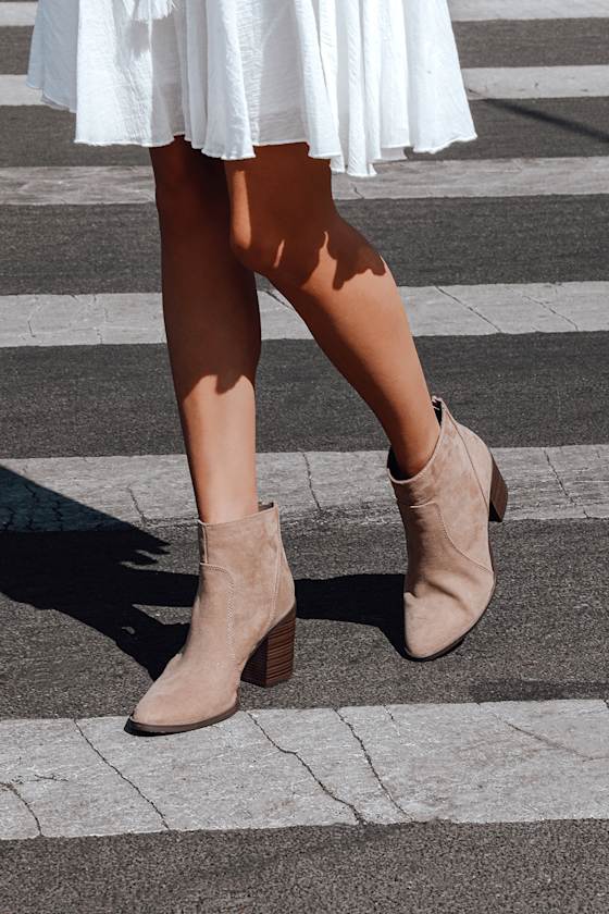Meranda Taupe Suede Pointed-Toe Ankle Booties 1