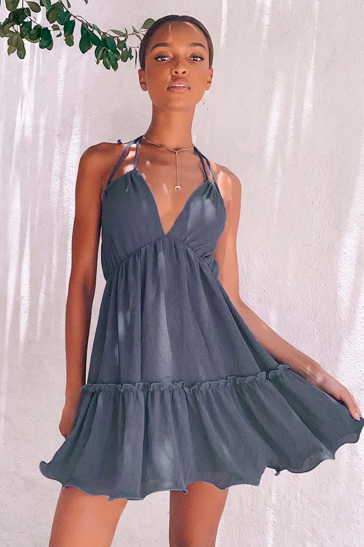 Cute Denim Blue Dress - Halter Mini Dress - Tiered Babydoll Dress - Lulus