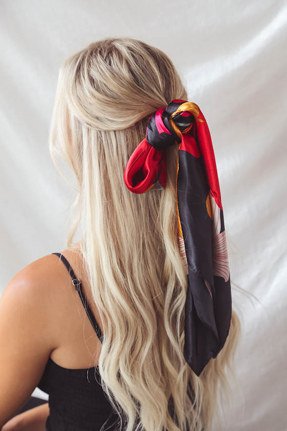 You're in Luxe Black Floral Print Satin Ponytail Holder 1