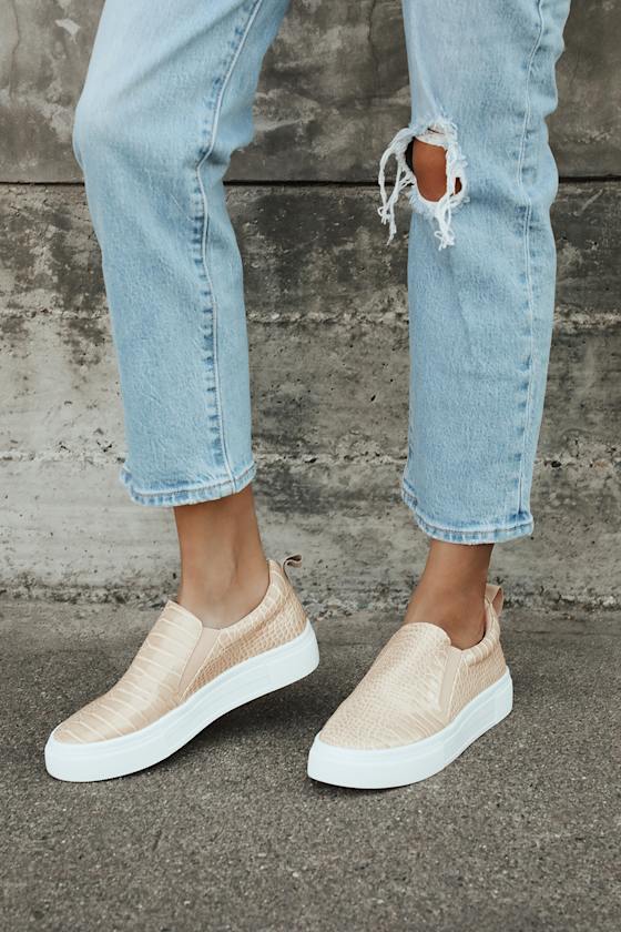 Cassay Nude Crocodile-Embossed Platform Slip-On Sneakers 1