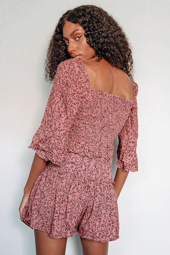 Sunset Seeker Mauve Pink Print Smocked Tiered Sleeve Top 8