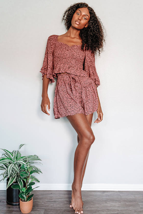 Sunset Seeker Mauve Pink Print Ruffled Shorts 5