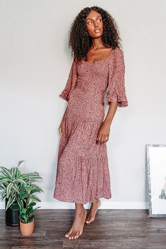 Sunset Seeker Mauve Pink Print Belted Tiered Maxi Skirt 6