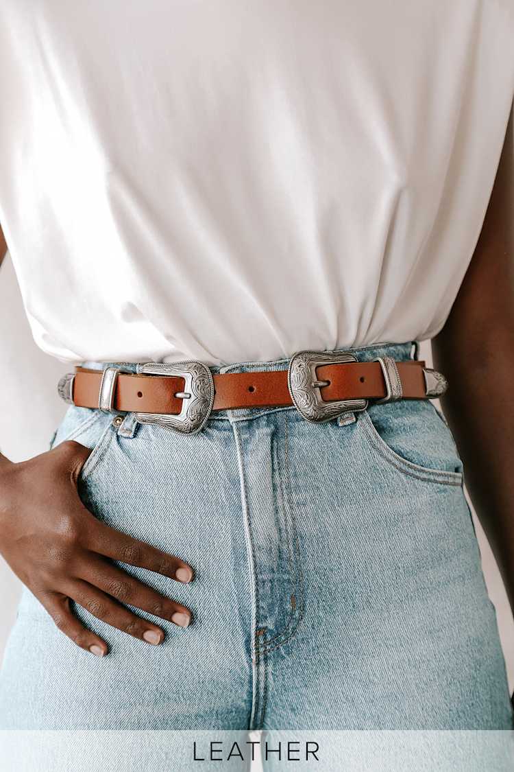 Tan Leather Belt - Western Leather Belt - Double Buckle Belt  display picture 1