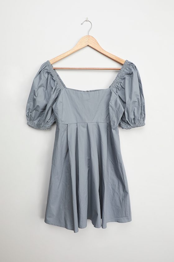 Blue Puff Sleeve Dress Babydoll Dress Cute Cotton Mini Dress